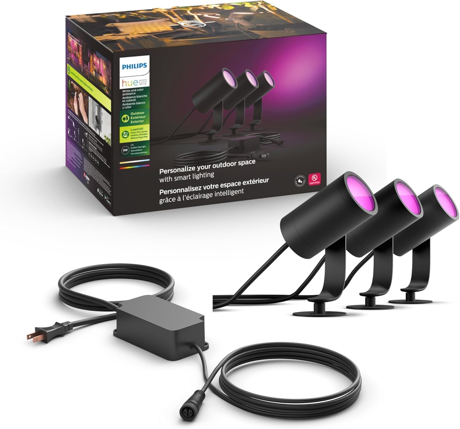 Philips Hue Lily Outdoor Smart Spotlight Base Kit, 3 Pack, White and Color Ambiance LED Walkway Lights, Low Voltage Landscape Lighting, Requires Bridge, Control with App & Voice, Weatherproof - LuxyPrime